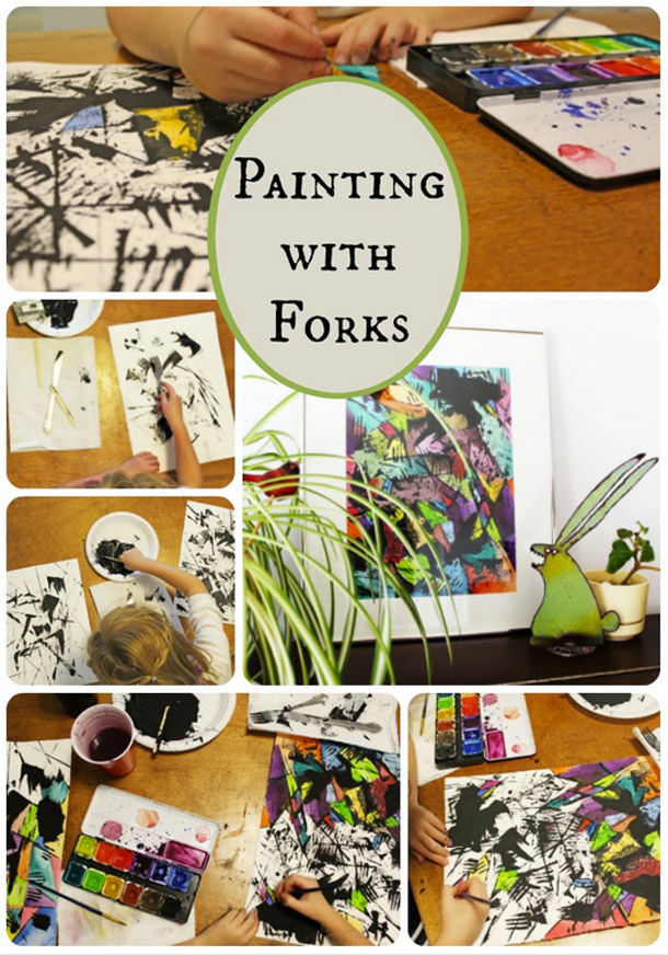 Paint with forks, credit cards, sticks and brushes to make an abstract expresssionist painting.